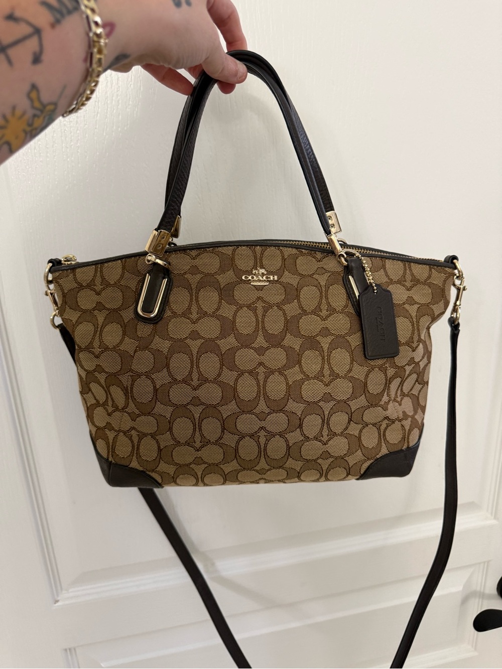 Coach Brown Signature Canvas Satchel with Dark Brown Leather Trim
